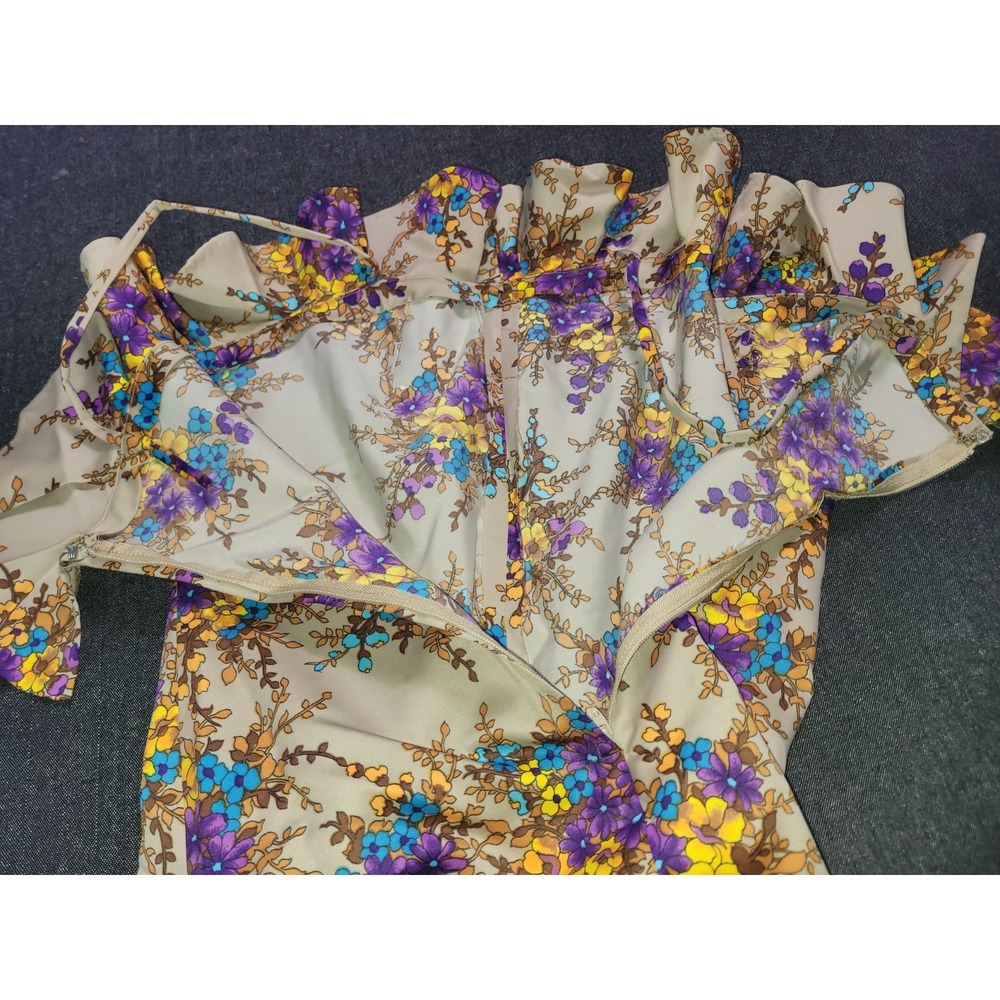 Vintage 60s 70s Handmade Maxi Dress Beige Floral Ruffles Purple‎ Yellow S - Picture 7 of 13